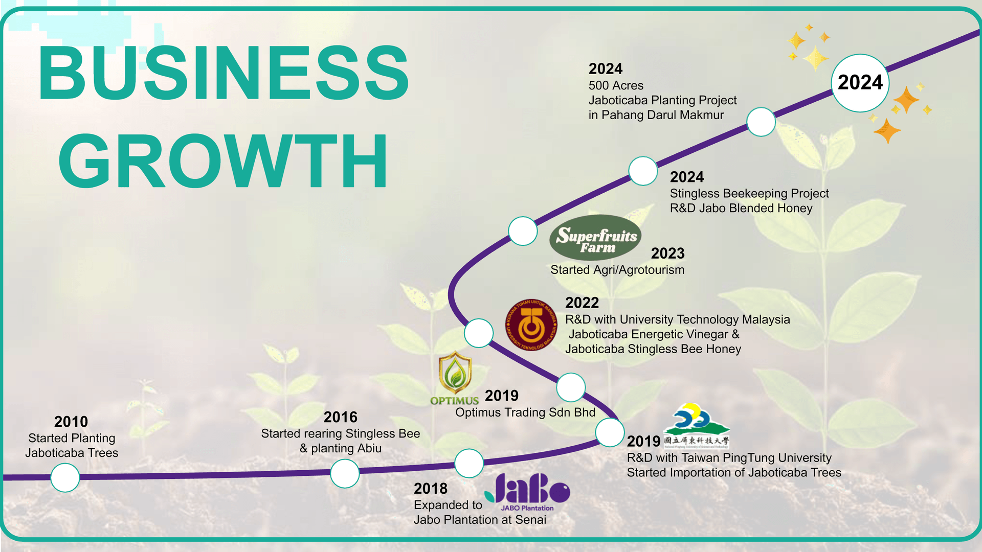 JABO business growth timeline from Jaboticaba planting in 2010 to the 2024 planting and stingless beekeeping projects