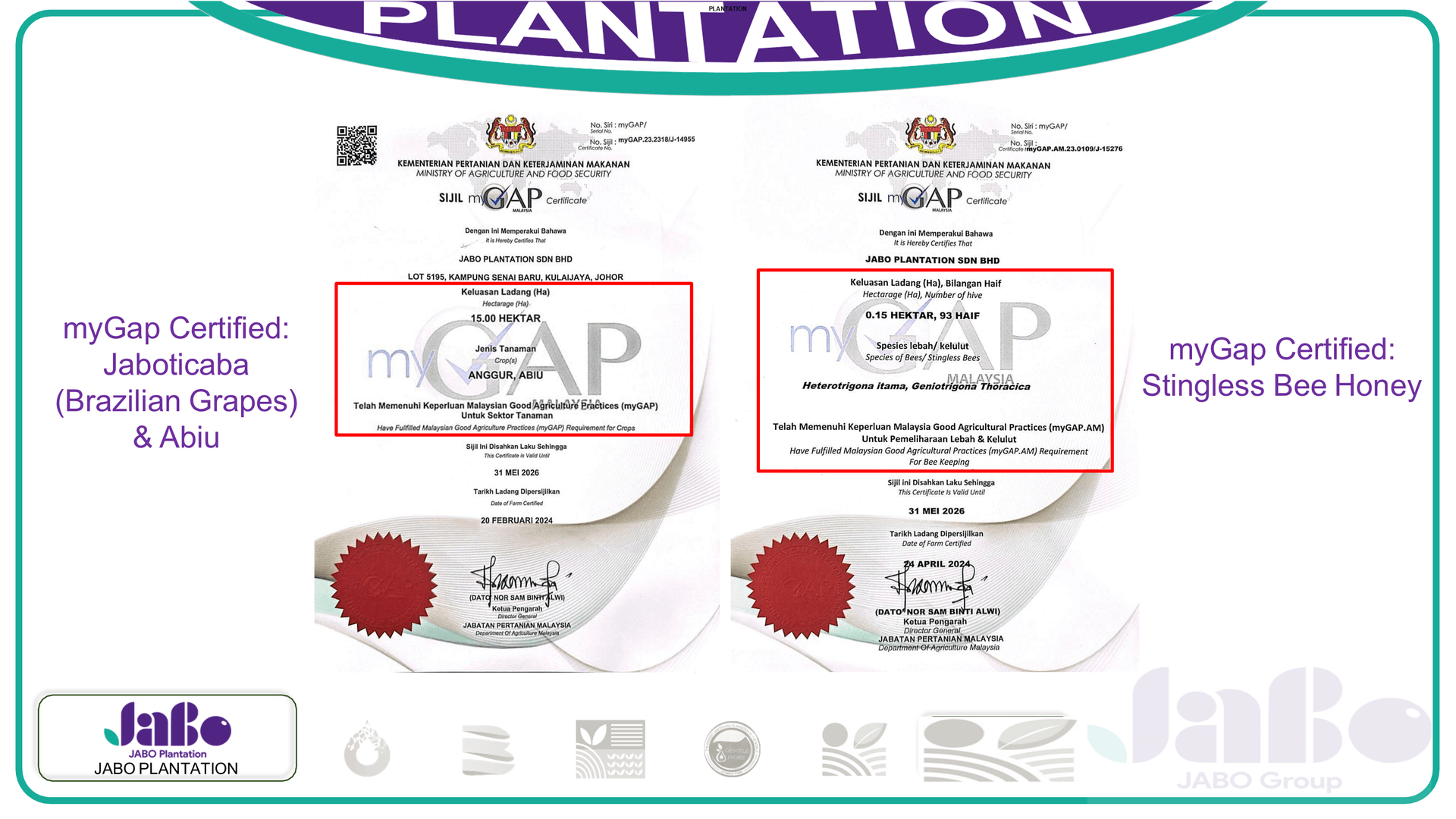 myGAP certification information for JABO Plantation produce